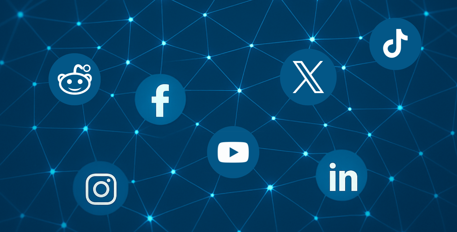Abstract image of map linking logos for different social media platforms