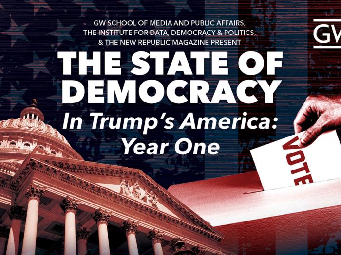 Blue and red graphic image with the Capitol building and a hand placing a paper that says vote in a ballot box