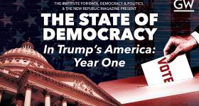 Blue and red graphic image with the Capitol building and a hand placing a paper that says vote in a ballot box